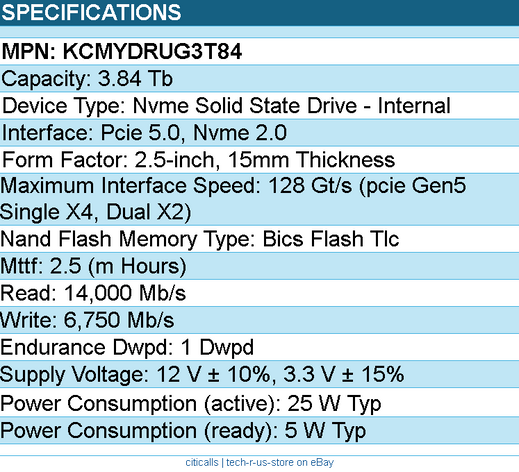 Kioxia KCMYDRUG3T84 SSD - CM7-R 3840GB PCIe5 2.5 1 DWPD SDF7044GEB SED Bare