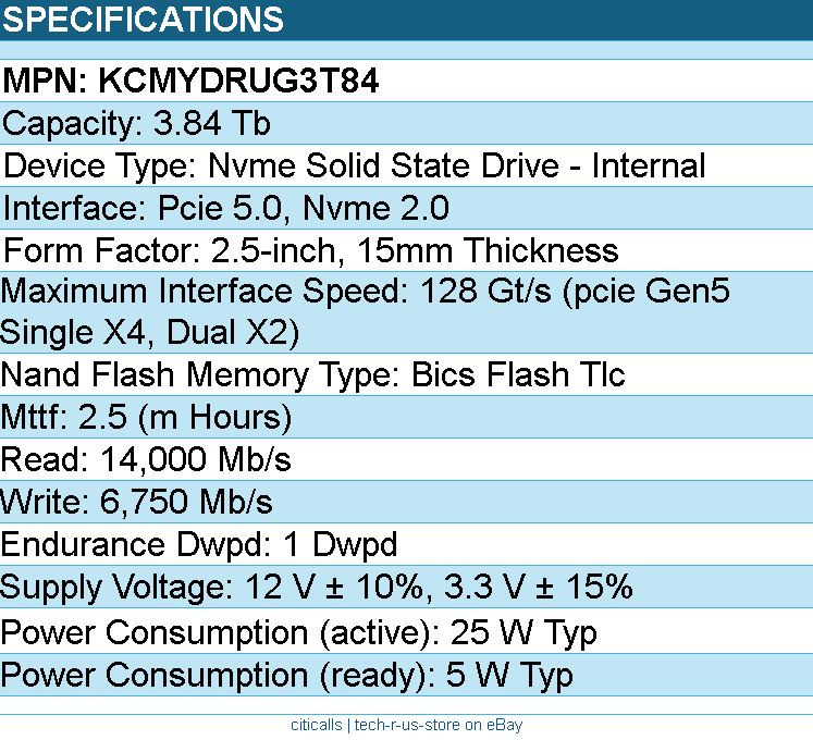 Kioxia KCMYDRUG3T84 SSD - CM7-R 3840GB PCIe5 2.5 1 DWPD SDF7044GEB SED Bare