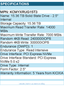 Kioxia KCMYXRUG15T3 SSD - 15.36TB 2.5 PCIe5 CM7-R SDF7081GEB SIE 1 DWPD Bare