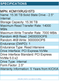 Kioxia KCMYXRUG15T3 SSD - 15.36TB 2.5 PCIe5 CM7-R SDF7081GEB SIE 1 DWPD Bare