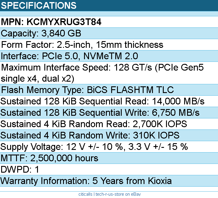 Kioxia KCMYXRUG3T84 SSD - 3.84TB 2.5 PCIe5 CM7-R SDF7084GEB SIE 1 DWPD Bare