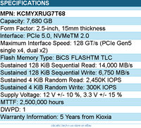 Kioxia KCMYXRUG7T68 SSD - 7.68TB 2.5 PCIe5 CM7-R SDF7083GEB SIE 1 DWPD Bare
