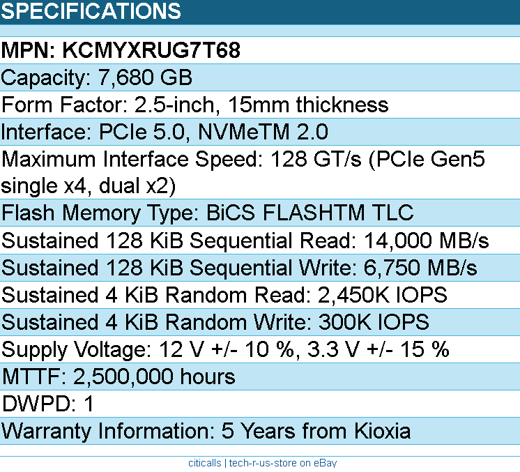 Kioxia KCMYXRUG7T68 SSD - 7.68TB 2.5 PCIe5 CM7-R SDF7083GEB SIE 1 DWPD Bare