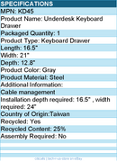 3M KD45 Underdesk Keyboard Drawer - Gray - Steel Ball Bearings - Adjustable