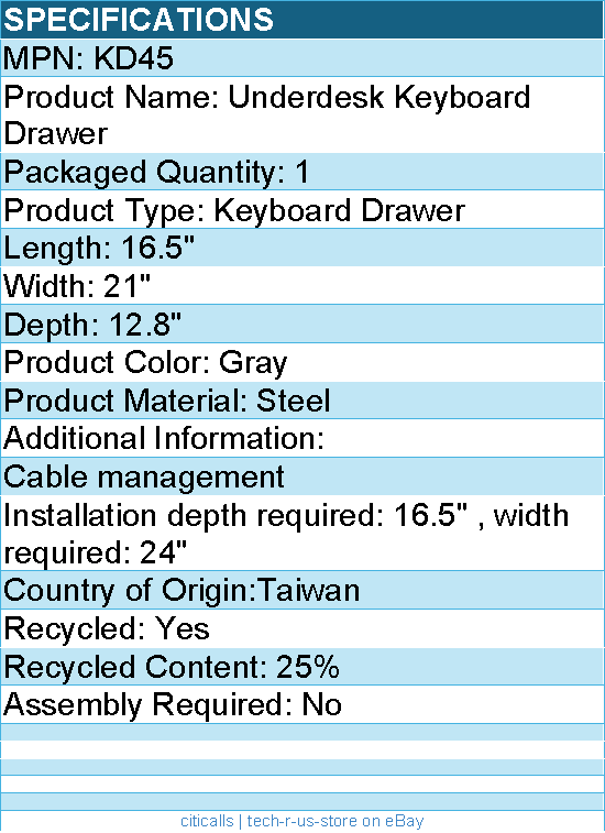 3M KD45 Underdesk Keyboard Drawer - Gray - Steel Ball Bearings - Adjustable