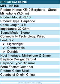 Koss KE10K Earphone - Stereo - Mini-phone (3.5mm) - Wired - 32 Ohm - Black