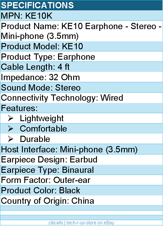 Koss KE10K Earphone - Stereo - Mini-phone (3.5mm) - Wired - 32 Ohm - Black
