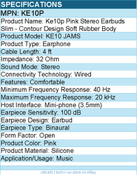 Koss Ke10p Pink Stereo Earbuds Slim - Contour Design Soft Rubber Body