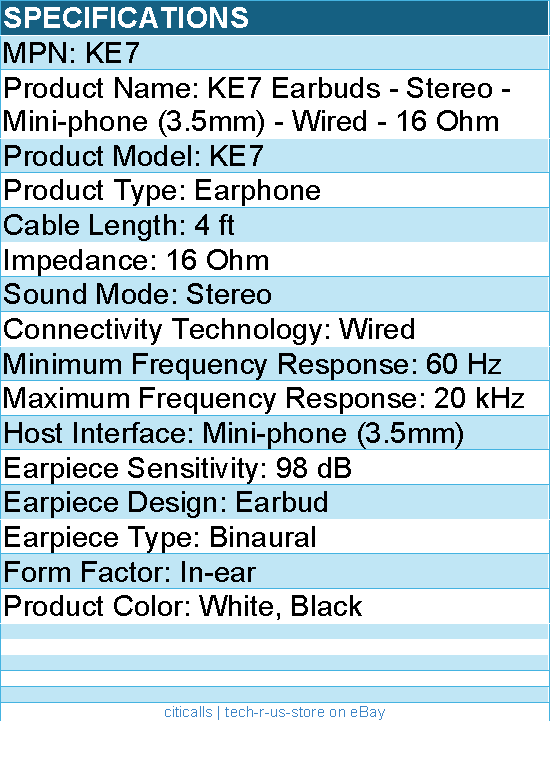 Koss KE7 Earbuds - Stereo - Mini-phone (3.5mm) - Wired - 16 Ohm