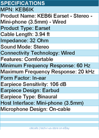 Koss KEB6IK Earset - Stereo - Mini-phone (3.5mm) - Wired - 32 Ohm