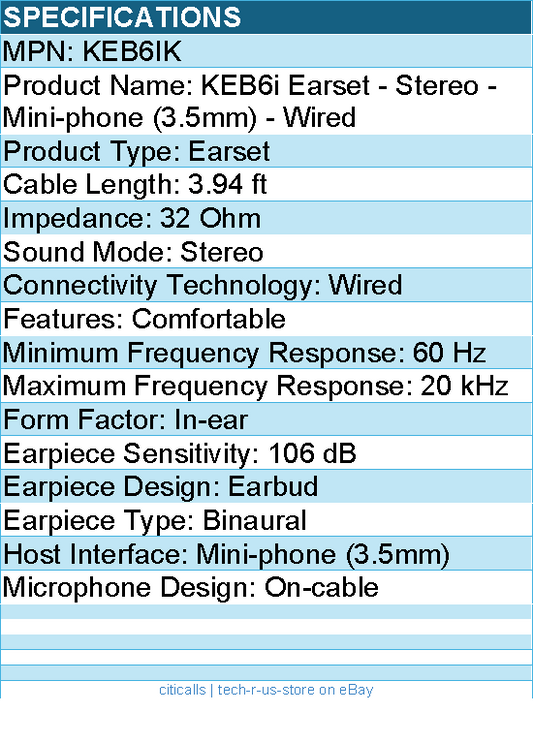 Koss KEB6IK Earset - Stereo - Mini-phone (3.5mm) - Wired - 32 Ohm