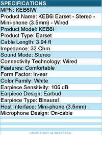 Koss KEB6IW Earset - Stereo - Mini-phone (3.5mm) - Wired - 32 Ohm