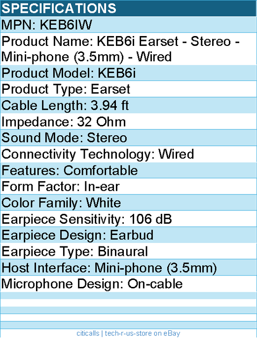 Koss KEB6IW Earset - Stereo - Mini-phone (3.5mm) - Wired - 32 Ohm