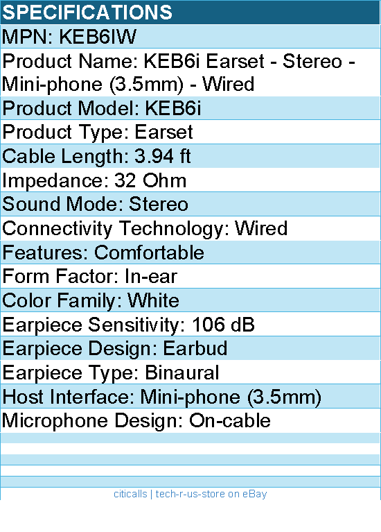 Koss KEB6IW Earset - Stereo - Mini-phone (3.5mm) - Wired - 32 Ohm