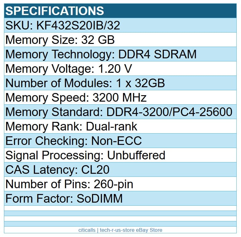 Kingston KF432S20IB/32 FURY Impact 32GB DDR4 3200 PC4-25600 260pin SoDIMM Memory