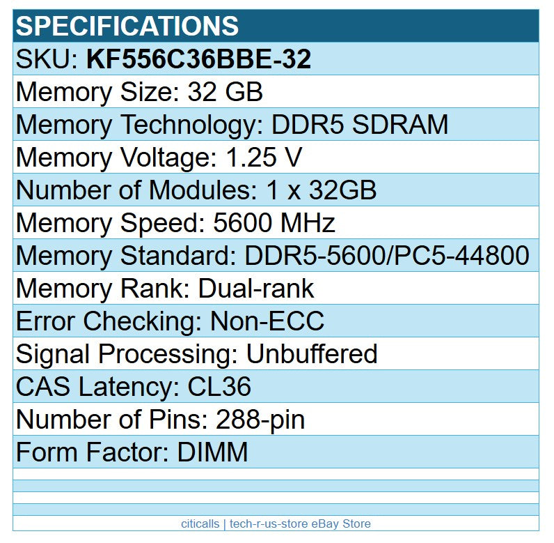 Kingston KF556C36BBE-32 FURY Beast 32GB DDR5 5600 PC5-44800 288pin Memory RAM