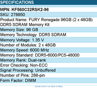 Kingston KF560C32RSK2-96 FURY Renegade 96GB (2 x 48GB) DDR5 SDRAM Memory