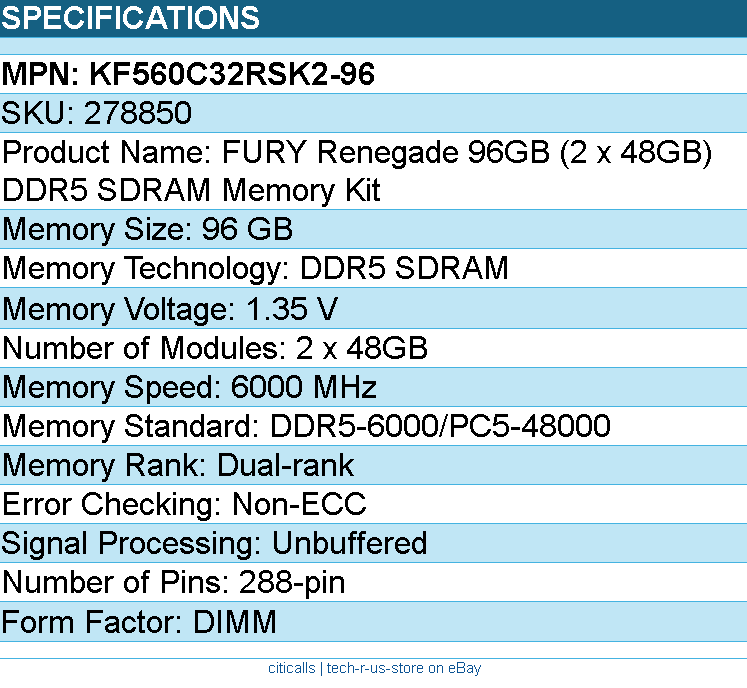 Kingston KF560C32RSK2-96 FURY Renegade 96GB (2 x 48GB) DDR5 SDRAM Memory