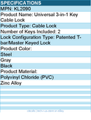 Codi KL2090 Universal 3-in-1 Keyed Cable Lock - Steel, Gray, Black