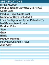 Codi KL2090 Universal 3-in-1 Keyed Cable Lock - Steel, Gray, Black