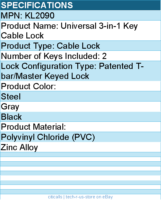 Codi KL2090 Universal 3-in-1 Keyed Cable Lock - Steel, Gray, Black