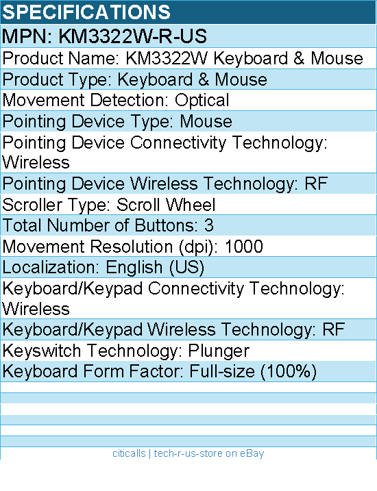 Dell KM3322W-R-US Keyboard & Mouse - USB Plunger Wireless RF 2.40 GHz Keyboard