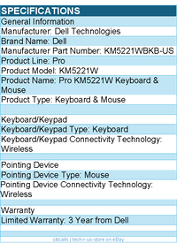 Dell KM5221WBKB-US Pro KM5221W Keyboard & Mouse - Wireless - Black