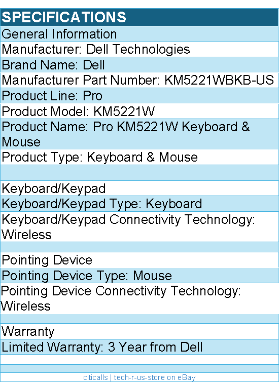 Dell KM5221WBKB-US Pro KM5221W Keyboard & Mouse - Wireless - Black