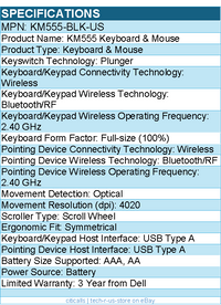 Dell KM555-BLK-US KM555 Keyboard & Mouse - Wireless - Bluetooth/RF