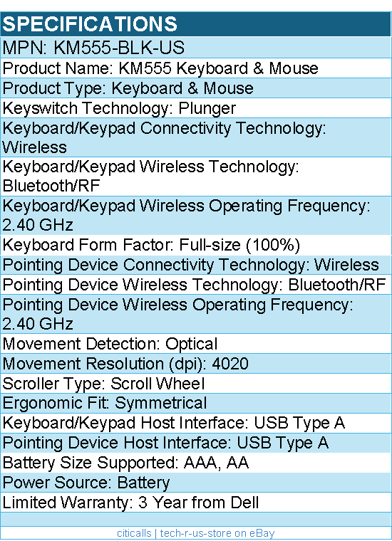 Dell KM555-BLK-US KM555 Keyboard & Mouse - Wireless - Bluetooth/RF