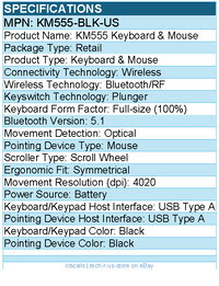 Dell KM555-BLK-US KM555 Keyboard & Mouse - Optical - Wireless - Bluetooth/RF