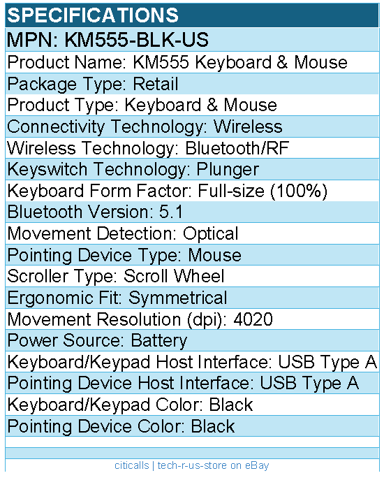 Dell KM555-BLK-US KM555 Keyboard & Mouse - Optical - Wireless - Bluetooth/RF