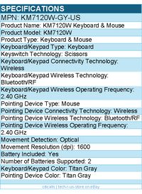 Dell KM7120W-GY-US KM7120W Keyboard & Mouse - Wireless - Bluetooth/RF