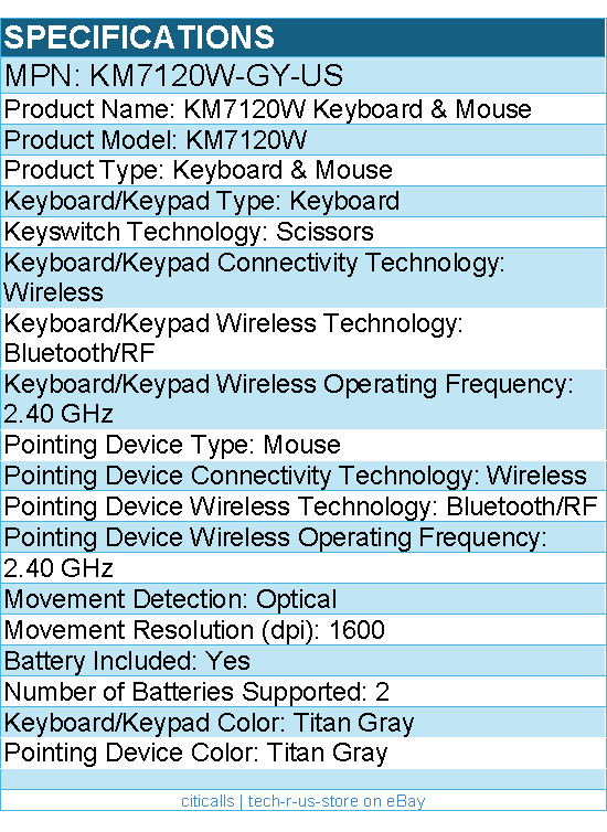 Dell KM7120W-GY-US KM7120W Keyboard & Mouse - Wireless - Bluetooth/RF