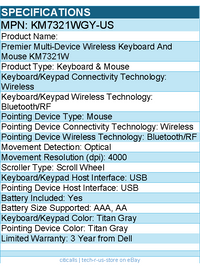 Dell KM7321WGY-US Premier Multi-Device Wireless Keyboard And Mouse