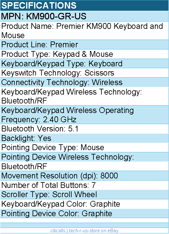 Dell KM900-GR-US Premier KM900 Keyboard and Mouse - Wireless - Bluetooth/RF