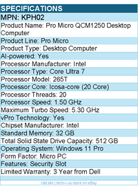 Dell KPH02 Pro Micro QCM1250 Desktop Computer - Intel Core Ultra 7 - Micro PC