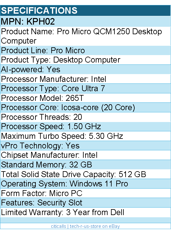 Dell KPH02 Pro Micro QCM1250 Desktop Computer - Intel Core Ultra 7 - Micro PC