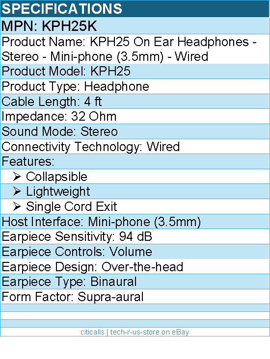 Koss KPH25K On Ear Headphones - Stereo - Mini-phone (3.5mm) - Wired