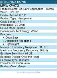 Koss KPH7G On-Ear Headphones - Stereo - Wired - 32 Ohm - Green
