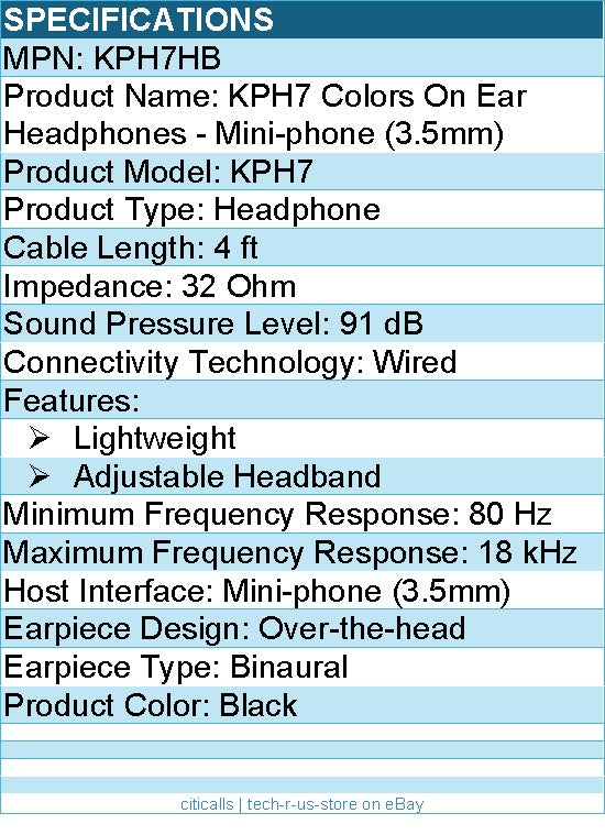 Koss KPH7HB Colors On Ear Headphones - Mini-phone (3.5mm) - Wired