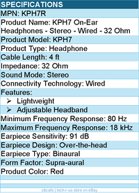 Koss KPH7R On-Ear Headphones - Stereo - Wired - 32 Ohm - Lightweight -Red