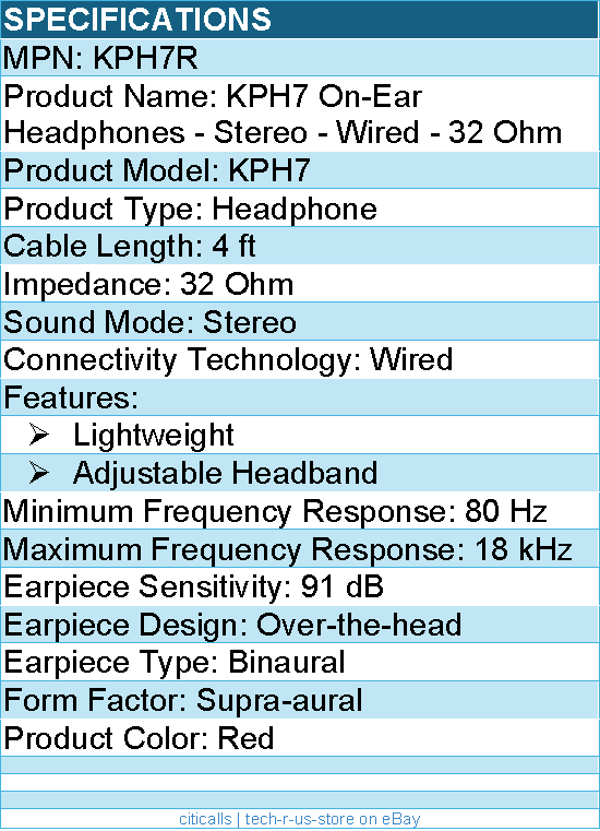 Koss KPH7R On-Ear Headphones - Stereo - Wired - 32 Ohm - Lightweight -Red