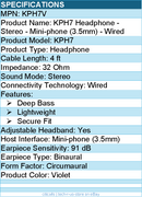 Koss KPH7V Headphone - Stereo - Mini-phone (3.5mm) - Wired - Violet