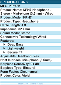 Koss KPH7V Headphone - Stereo - Mini-phone (3.5mm) - Wired - Violet