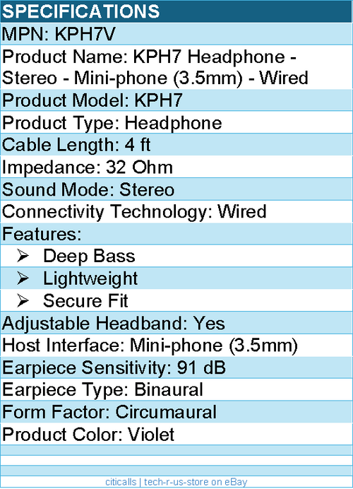Koss KPH7V Headphone - Stereo - Mini-phone (3.5mm) - Wired - Violet