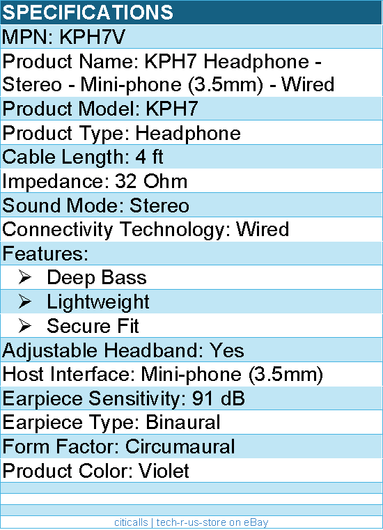 Koss KPH7V Headphone - Stereo - Mini-phone (3.5mm) - Wired - Violet