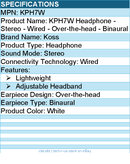 Koss KPH7W Headphone - Stereo - Wired - Over-the-head - Binaural