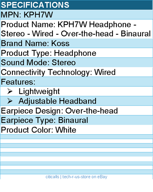 Koss KPH7W Headphone - Stereo - Wired - Over-the-head - Binaural