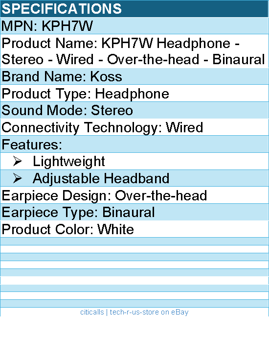Koss KPH7W Headphone - Stereo - Wired - Over-the-head - Binaural